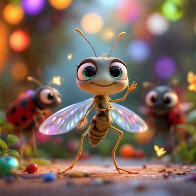 The primary subject of the image is a cartoon-like grasshopper with a smile on its face. The grasshopper is standing in a field with other insects, including a ladybug and a beetle. The setting is a colorful and lively environment, with a mix of bright colors and a playful atmosphere. The visual style of the image is a combination of digital art and illustration, creating a whimsical and engaging scene.